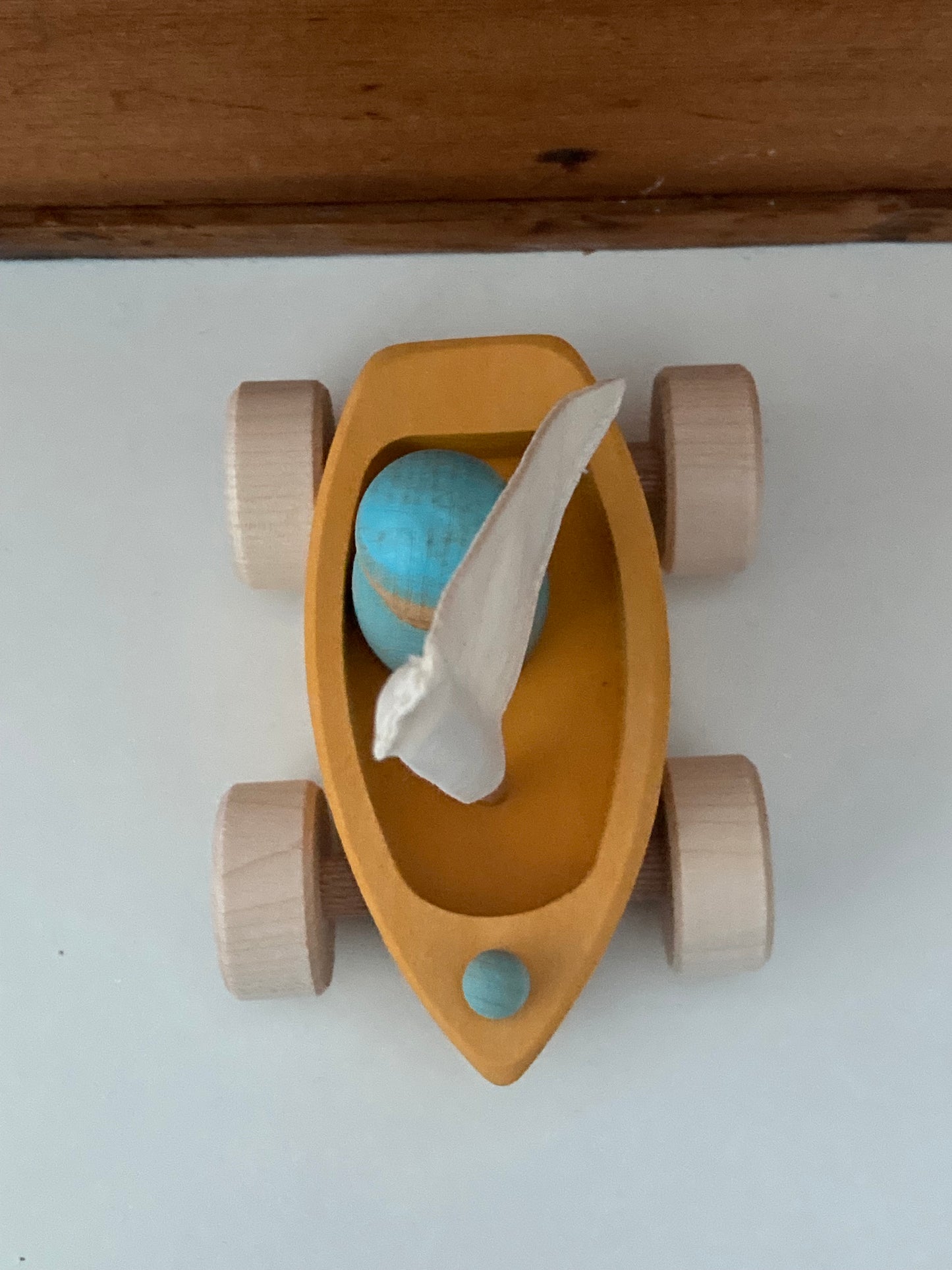 Wooden Toy - SAILBOAT in YELLOW GOLD with SKIPPER in BLUE… on wheels!