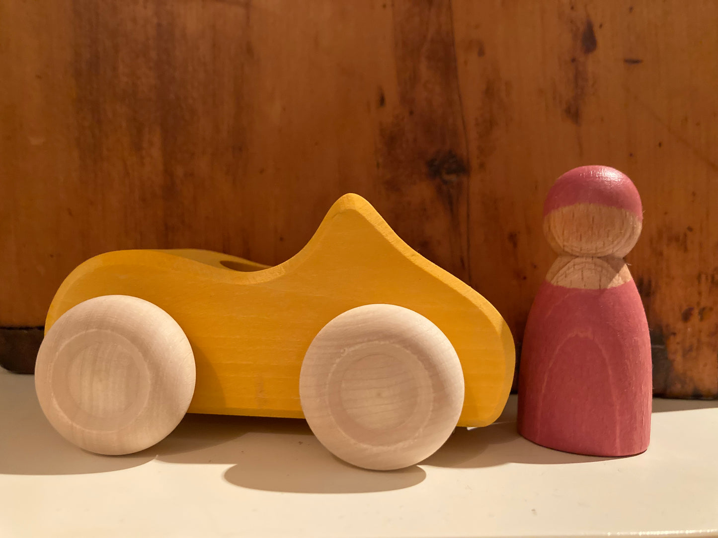Wooden Toy Car - YELLOW CONVERTIBLE with driver
