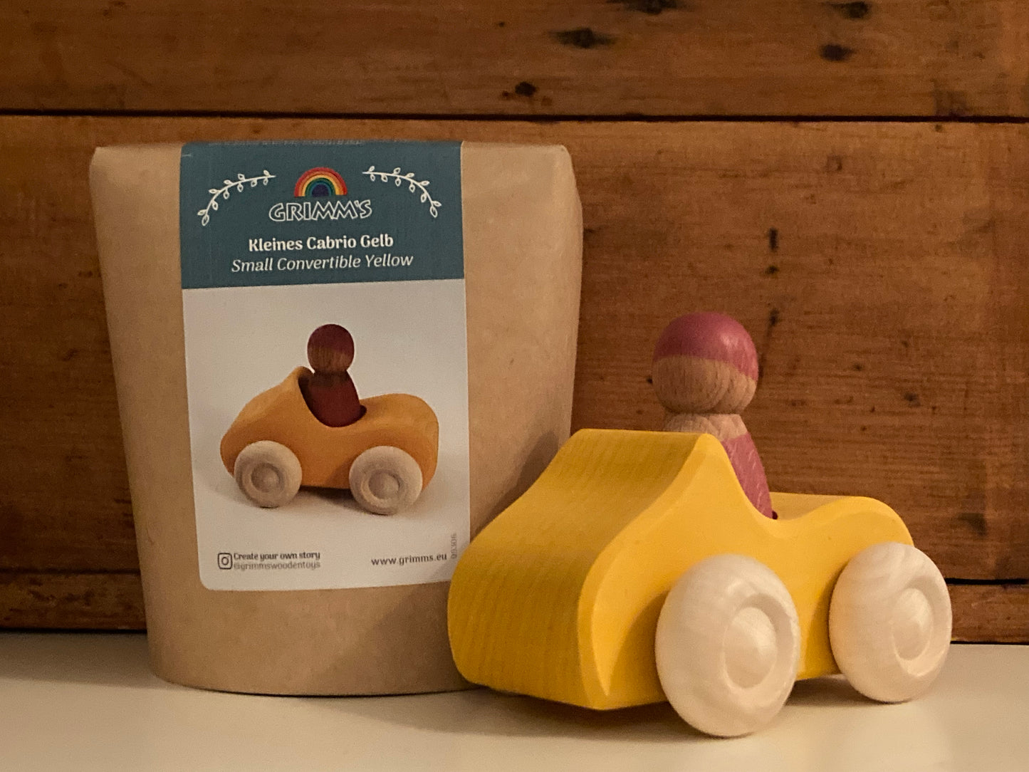 Wooden Toy Car - YELLOW CONVERTIBLE with driver