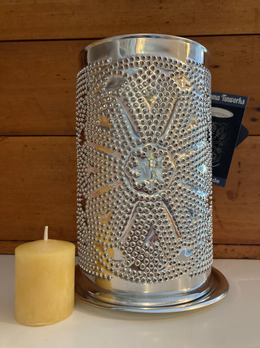 EcoHome - Pierced Tin LOTUS MANDALA CANDLE SHADE with Beeswax Votive Candle