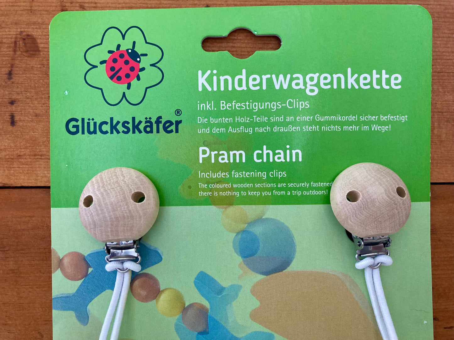 Wooden Toy, Baby - PRAM/STROLLER CHAIN, with clip-ons!