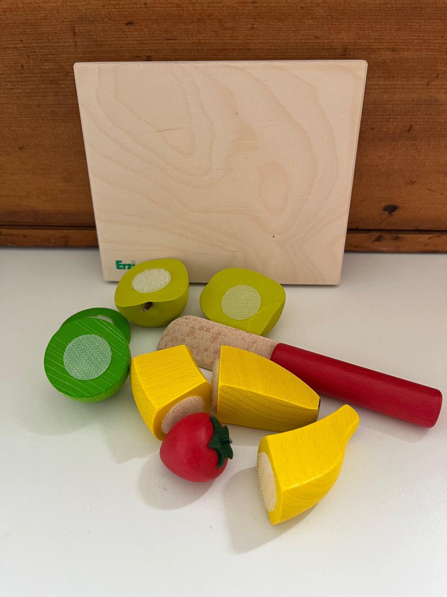 Kitchen Play Food - Wooden FRUIT-To-SLICE Set, with KNIFE & BOARD... 4 fruits!