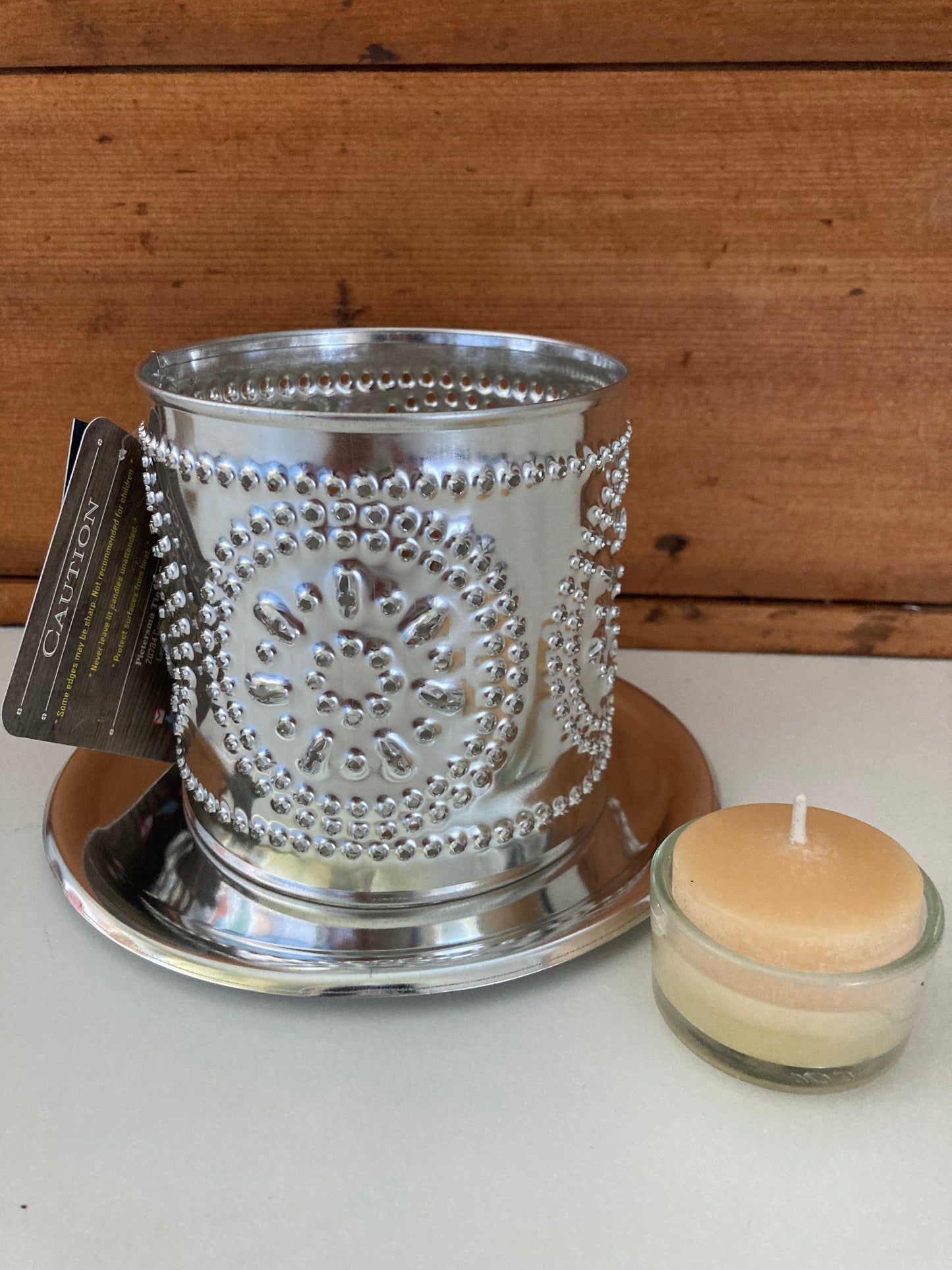 EcoHome - Pierced Tin BURST CANDLE SHADE with Beeswax Tea Light Candle